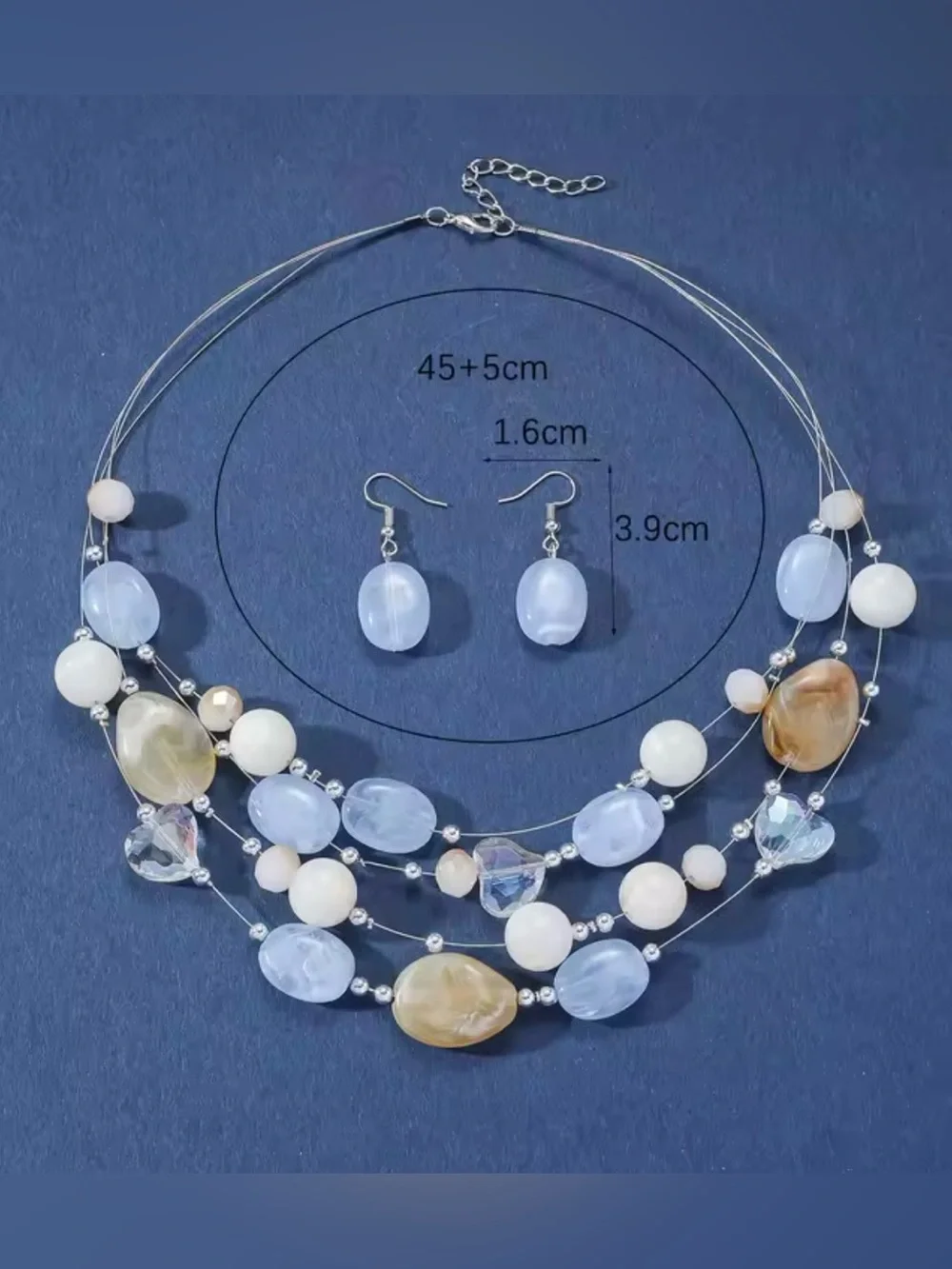 Multi-Strand Blue, Cream & Tan Bead Necklace Set with Matching Earrings